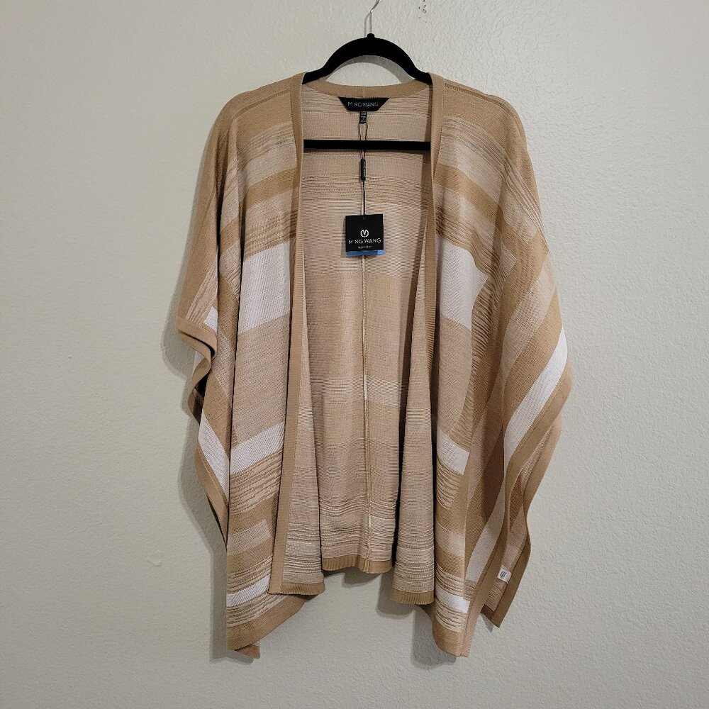 NWT Ming Wang Stripe Knit Kimono Poncho Sweater Brown White One Size